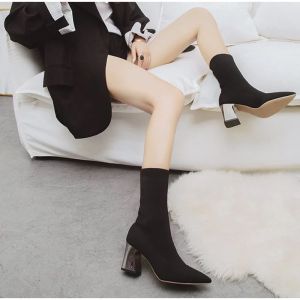 Knit Sock Ankle Boots dengan Heels Boots Kaos kaki rajut