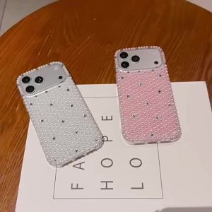 Ốp điện thoại sang trọng màu trơn toàn màn hình đính ngọc trai và kim cương lấp lánh dành cho iPhone 17 Air 16 13 14 15 12 11 Pro Max chống sốc.