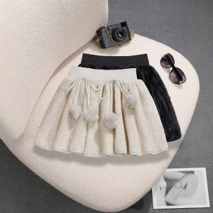 COD sweet bow strap hairball suede skirt girl style elastic waist age-reducing plush skirt 98192026 new product