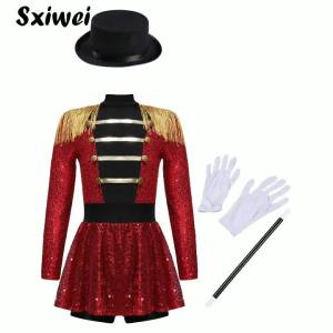 Sequins Girls Magician Circus Performance Costume Outfits Kids Halloween Ringmaster Bodysuit Jumpsuit with Hat Gloves Magic Wand2026