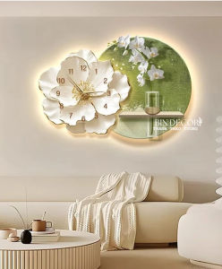 Tranh đèn led đồng hồ bình hoa lan trắng hiện đại sang trọng kèm đinh