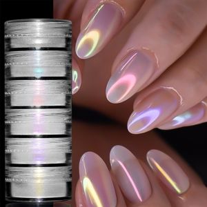 6Box/Set Pearl Mirror Chrome Nail Powder Holographic Nail Pigment Set: Aurora Unicorn Effect Glitter