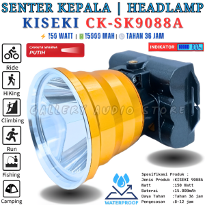 Senter Kepala Super Terang Kiseki CK-SK9088A 150 Watt | Headlamp Hiking Waterproof Anti Air Super Bright Cahaya Putih Baterai Lithium 15.000mAh Tahan Hingga 36 Jam | Gallery Audio