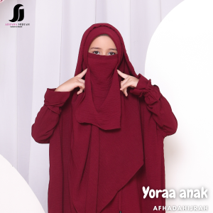Afhadahijrah - Gamis anak perempuan set cadar Yoraa Hoodie crinkle air flow maroon baju dan hijab instan syari free niqab