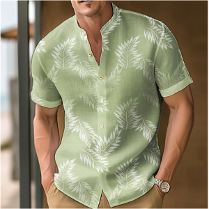 Mens Shirt Leaf Print Stand Collar Black Blue Purple Green Outdoor Street Short Sleeve Clothing Dress Fashion Designer New 2026