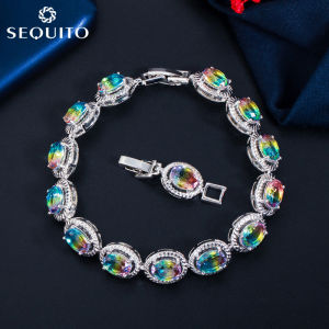 SEQUITO Mystical Tennis Bangles Bracelets Pave Oval Cut Rainbow CZ Stones Women Jewelry Birthday Gift B088