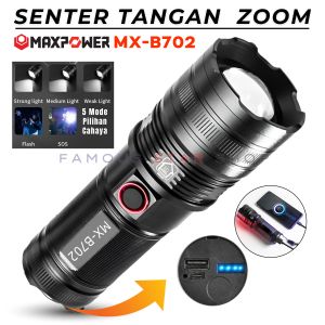 Senter Zoom In Out 250 Watt Aluminium Flashlight Senter Swat Police Terbaik zoom 7 mode cahaya senter MAXPOWER MX-B702 / Senter Led Rechargeable /Senter led jarak jauh/ Senter Cas Usb/ Senter Led Rechargeable