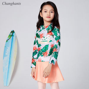 2-12 Y Girls Two Pieces Swimwear Pink with Plantain Leaf Print Children Long Sleeve Rash Guard Baby Child Sandy Beachwear Kids Swim Cap Suit Teens Surfing Suit