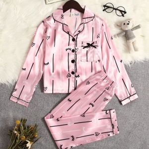 Autumn Winter New Girl Pink Satin Pajama Set Long Sleeve Long Pants Single Breasted Teenage Pajama Childrens Pajama 8-12 Years2026