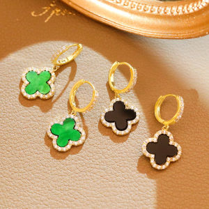 good 999 S925 silver Fashional Temperament Clover shiny zircon green long Earrings ES6217-ES6218