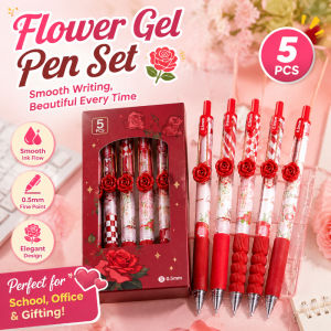 Gel Pen Set Flower Design Retractable Black Ink Quick Dry Smooth Writing Office School Stationery