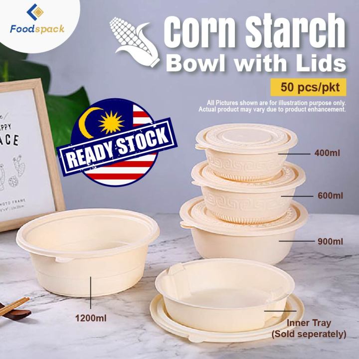 (50pcs/pkt) READY STOCK 🌽Corn Starch Bowl with Lids / Biodegradable ...