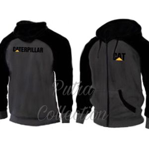 Jaket Zipper Hoodie PullOver CAT Pakaian Pria/Wanita Lengan Panjang Bahan Kain Flecee Warna Abu-abu Misty Tua Kombinasi Hitam Tersedia Ukuran Besar Dan Kecil Ready Size S/M/L/XL/XXL