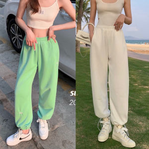 กางเกงขากว้างทรงหลวมผู้หญิง แฟชั่น กางเกงทรงตรงเอวยางยืด กางเกงขายาวเอวสูงทรงกระบอก สไตล์เกาหลี กีฬาลําลอง pants