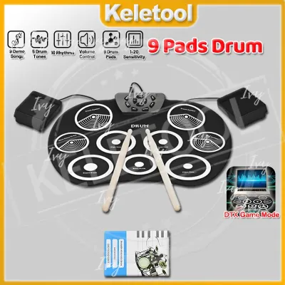 Portable Electronic Drum Set USB Roll-Up Silicon Drum Pad Foldable Digital Drum 9 Pads Drum Pad Kit Compact Size Kit Hand Practice With Drumsticks & Pedals Holiday Gifts for Kids