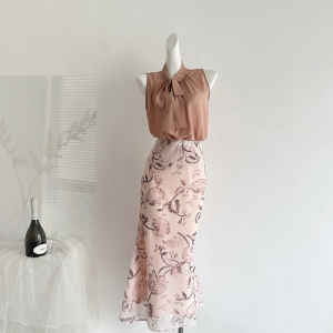 2026 Summer French Sleeveless Pleated Tie Loose Top Printed Skirt Two Piece Set
