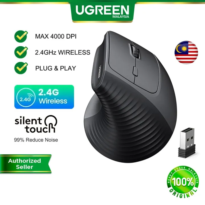 UGREEN Vertical Wireless Mouse 2.4G Ergonomic 4000DPI Optical Tracking Silent Click for Laptop Tablet PC Windows MacOS