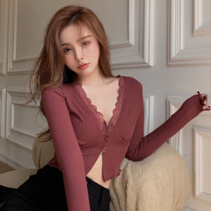 เสื้อคาร์ดิแกนลูกไม้คอวีเซ็กซี่อเนกประสงค์สไตล์ตะวันตกแขนสั้นตัดสะดือเสื้อยืดแขนยาว