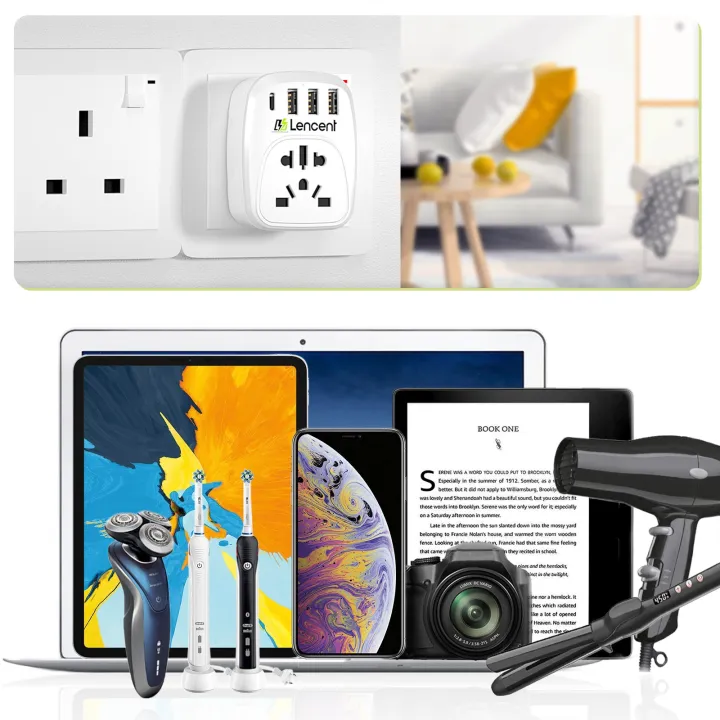 LENCENT World to UK/Malaysia Universal Travel Adapter with 2 USB A and 2 Type C Port European Euro 2 Pin USA American China Australia 3 Pin to British 3 Pin