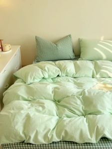 Bed ins Four-piece Set Student Dormitory Washed Cotton Quilt Cover Simple Style Single Bedroom Bed Sheet Quilt Cover Three-piece Set LZD