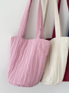 Stylish Pleated Stripe Bucket Bag With Ample Storage Polyester Shoulder Bag Casual Handbag For Shopping And Travel