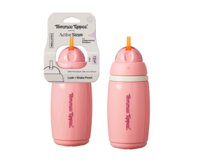 Bình uống nước giữ nhiệt có ống hút chống tràn chống sặc Tommee Tippee ACTIVE STRAW 266ml cho bé từ 12 tháng – Hồng