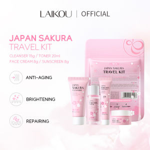LAIKOU Sakura Facial Skin Care 4Pcs Travel Kit - Repairing Hydrating Skin Toner Anti-aging Brightening Essence Cream Oil Control Cleanser UV Ray Protection Sunscreen