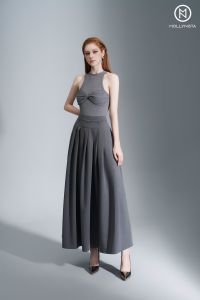 Váy thiết kế dài xếp ly kèm belt MOLLYNISTA thanh lịch nữ tính cao cấp tôn dáng