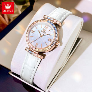 OLEVS Watch For Women Waterproof Original 2024 New Elegant Colored Diamonds Bezel Luxury Fritillaria Dial Leather Strap Womens Watch