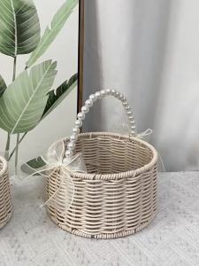 Sacesr Handmade Woven Flower Basket Artificial Natural-Looking Pearl Ribbon Handheld Basket Lightweight Sturdy Z1H5K