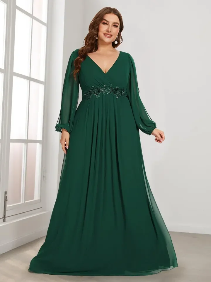 Plus size green dress with sales sleeves