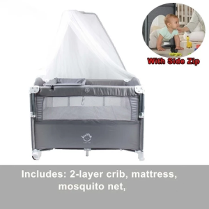 Foldable Baby Crib Liftable 2 Layer Stitching Big Bed With Shaker /Diaper Changer/Mosquito Net/storage bag/music toys