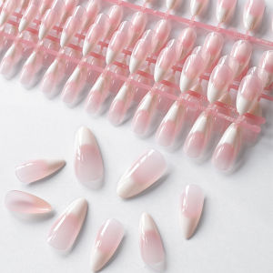 ZEEMIN  120pcs Nude Pink Ombre Almond Press on False Nails Pink White Soft Gel Acrylic Fake Nail Glossy Full Cover False Nail Tip Patche