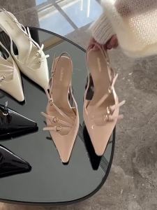 Hàng Sẵn ~ Giày Một Lớp Mũi Nhọn Mẹ Nho Nữ 2024 Xăng Đan Bít Mũi Dễ Phối Mẫu Mới Giày Cao Gót Da Thật Gót Nhọn