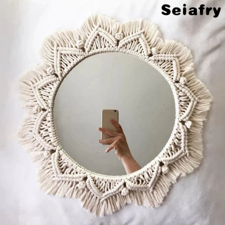 Lovely Boho Macrame Round Mirror Decorative Mirrors Aesthetic Room Decor Hanging Wall Mirror For ...