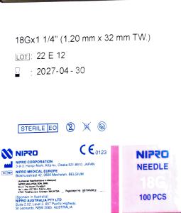 Nipro  Medical Needle  18G x 1 1/4 inch   32mm  - 100pcs  Expiry 2027