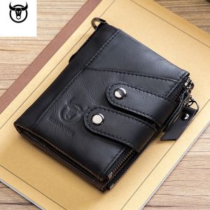 BULLCAPTAIN 100% Genuine Leather Men Wallet Brand Zipper Man Purse Vintage Cow Leather Male Card Coin Bag with Iron Chain