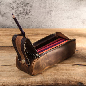 CONTACTS FAMILY Leather Zipper Pen Pencil Case Bag Handmade Vintage Creative School Stationary Pen Pouch Holder Large Capacity2026