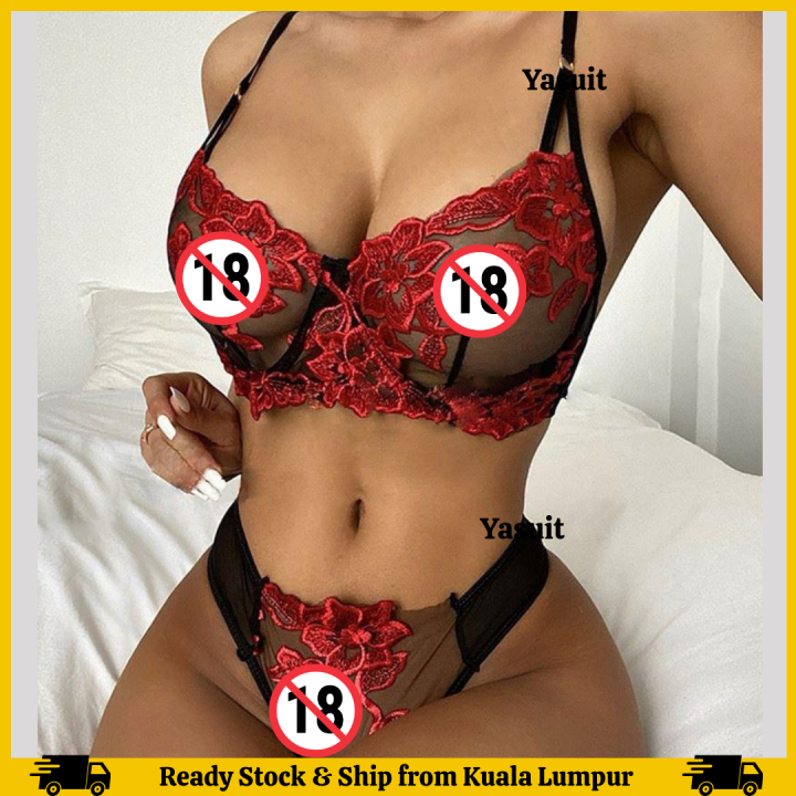 Sexy Lingerie Nightwear Bra Support with Underwear Lace Boost Up Black Red  Floral Flower Ready Stock Malaysia Seller