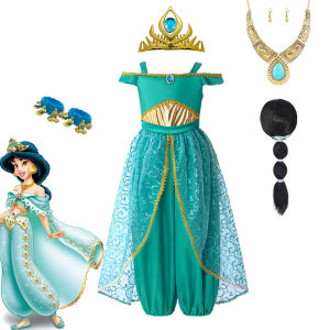 Disney Aladdin Jasmine Cosplay Dress Girl Childrens Day School Stage Performance Set Kids Green Sequin Tulle Princess Outfits