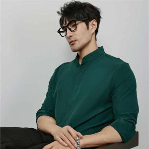 HUILISHI Plain China Collar Long Sleeve Button Mens Fashion Shirt