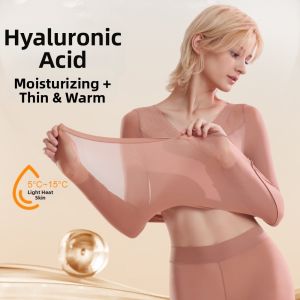 IDEAL Tops and Pants Women Thermal Clothes Lace V Neck Ultra-thin Invisible Warmth Long Pants Comfortable Feel Heating Thermal Underwear Girls Female