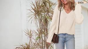 Dokotoo Womens Casual V Collared Sweater Long Sleeve Pullover Knitted Pullover Top