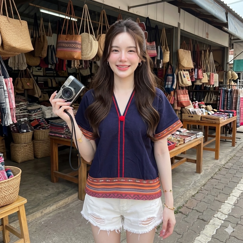 LANNA เสื้อผ้าฝ้ายคอวีหน้าหลัง แขนลวดไหล่ แต่งผ้าทอนากา ทรงหลวมสบาย คละสี มุมมองที่ 2