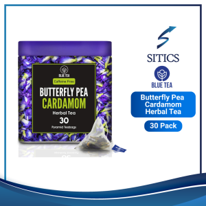 Blue Tea  Butterfly Pea Flower & CARDAMOM- 30 Pyramid Tea Bags in Premium Tin Packs HERBAL TEA - CAFFEINE FREE SITICS