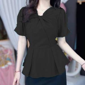 💥[A012] Áo sơ mi kiểu nữ peplum kate lụa CỔ XOẮN NGỰC và chun lưng giấu bụng hiệu quả - L2M