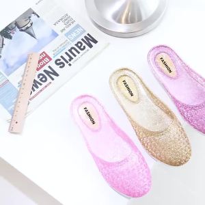 [Free Shipping] Summer crystal closed-toe plastic slippers non-slip soft-soled half-slippers dual-use for outdoor and home flat-heeled closed-toe slippers for women
