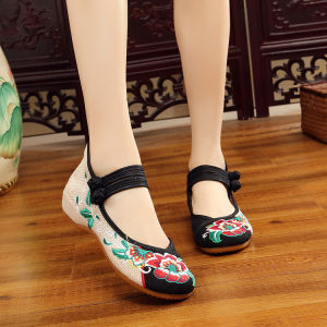 [Free Shipping] Low-Top Hibiscus Flower Cowhide Sole Ethnic Style Height-Increasing Square Dance WomenS Single Shoes
