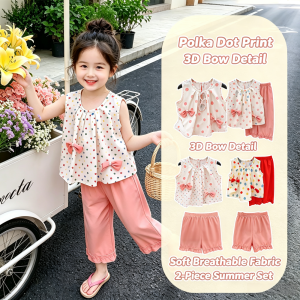 AILEBE Kids Sets Terno Polka Dot Sleeveless Top Shorts Set Soft Breathable Korean Style Summer Wear Cute 3D Detail Complete Matching Casual Outfit Pambahay OOTD For Baby Girls 1-10 Years