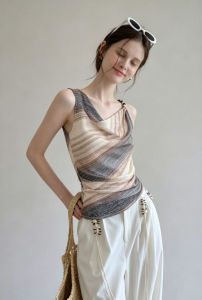 2026 Summer Women Beaded Sling Camisole Thin Draped Collar Sleeveless Top Wear Outside Fashion Blouse